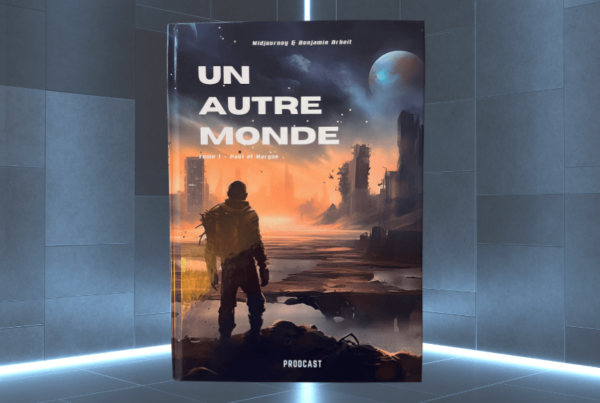 Illustration de 'Un Autre Monde', bande dessinée créée avec l'IA, montrant des personnages dans un paysage futuriste.