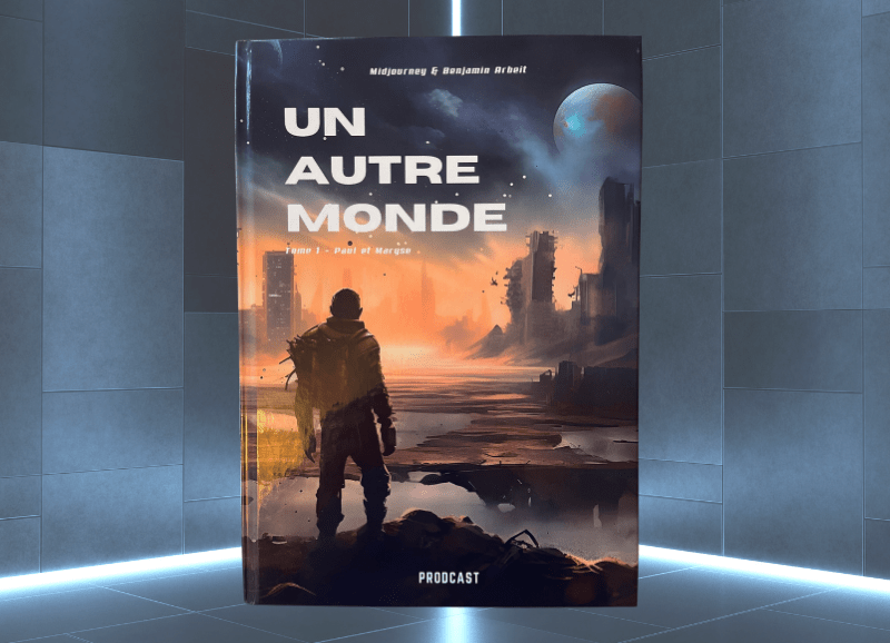 Illustration de 'Un Autre Monde', bande dessinée créée avec l'IA, montrant des personnages dans un paysage futuriste.