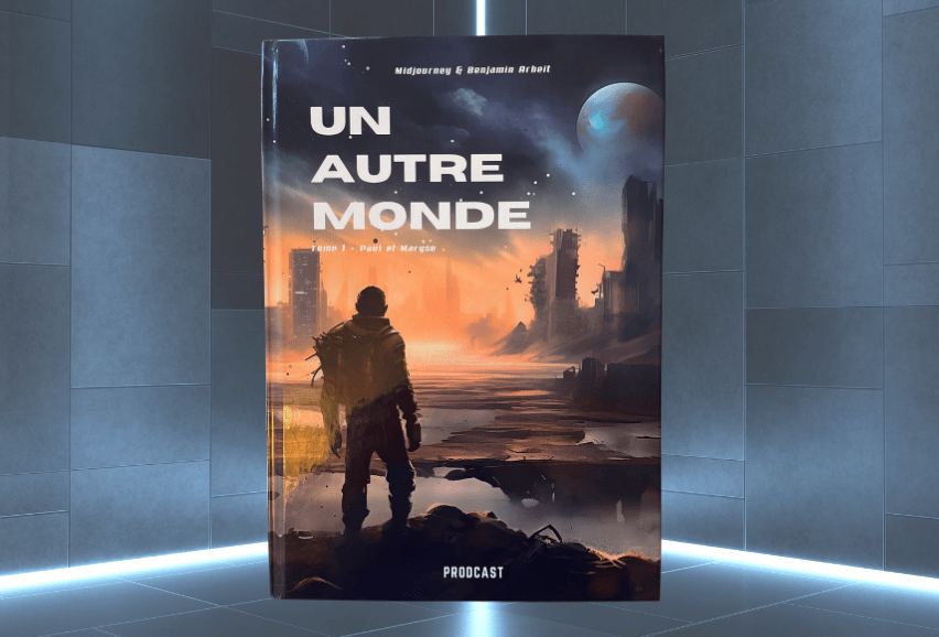 Illustration de 'Un Autre Monde', bande dessinée créée avec l'IA, montrant des personnages dans un paysage futuriste.